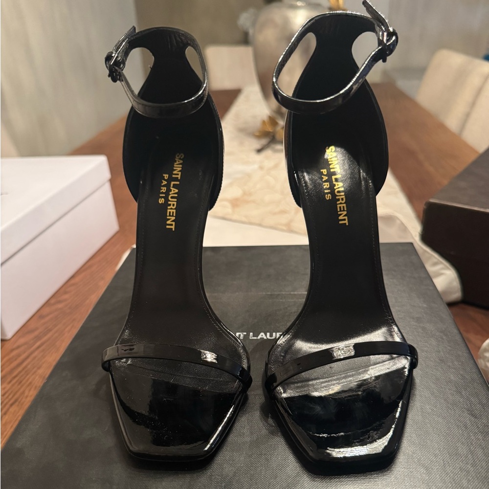 Authentic Opyum YSL Logo-Heel Sandals with Golden Hardware